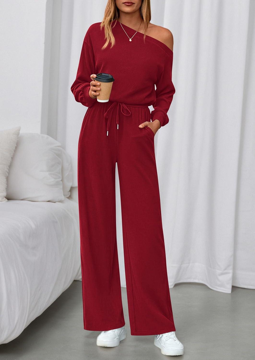 imagePRETTYGARDEN Long Sleeve Jumpsuit For Women Dressy 2025 Off Shoulder One Piece Loose Wide Leg Jumpsuits Casual Flowy RomperWine Red