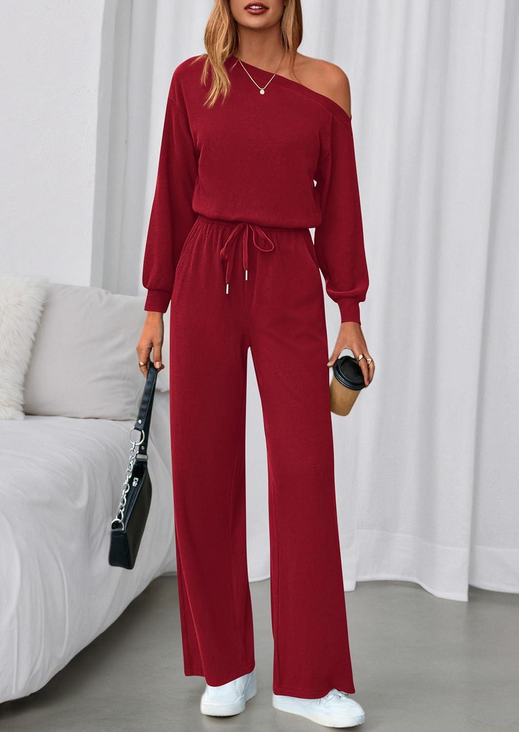 imagePRETTYGARDEN Long Sleeve Jumpsuit For Women Dressy 2025 Off Shoulder One Piece Loose Wide Leg Jumpsuits Casual Flowy RomperWine Red