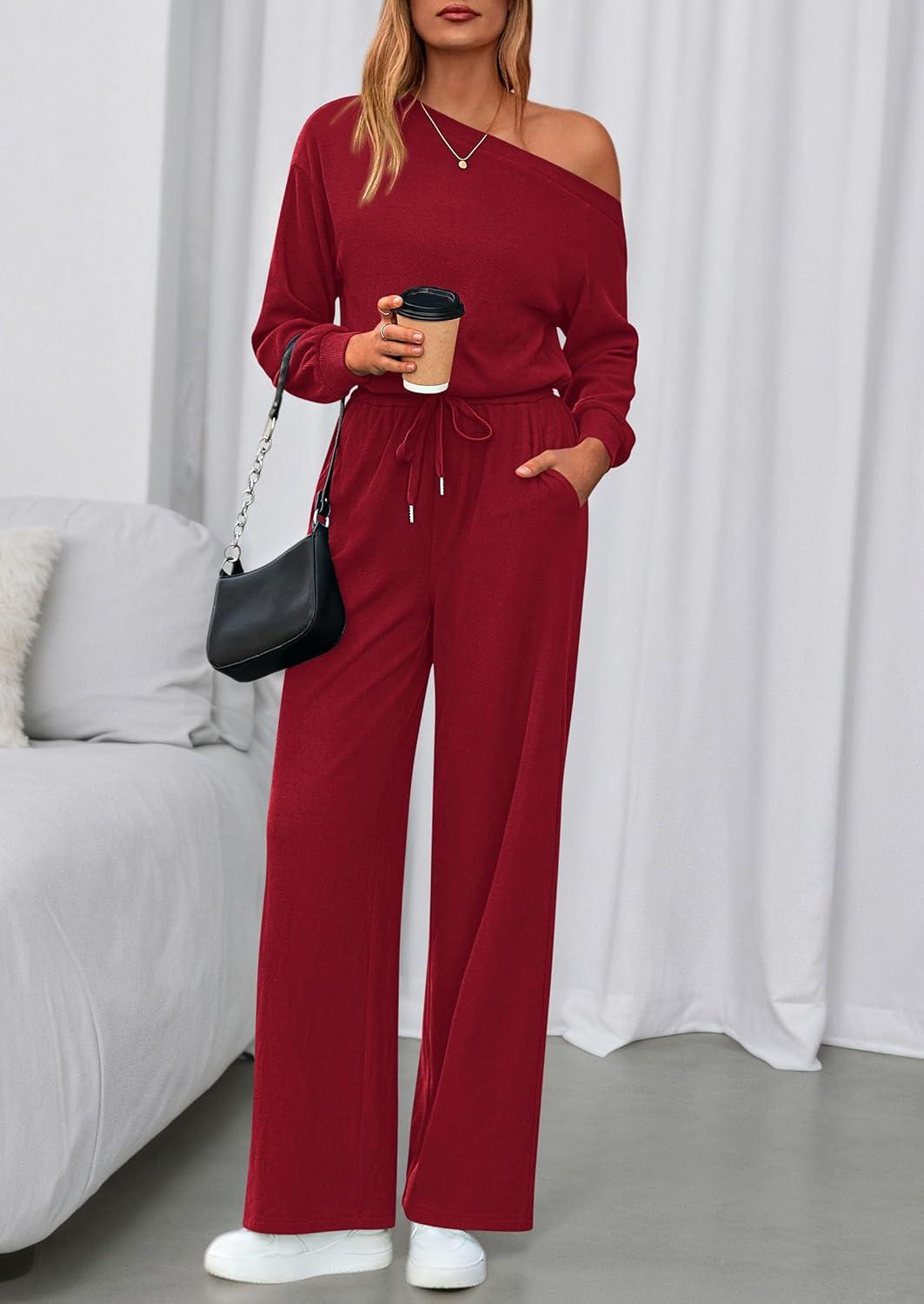 imagePRETTYGARDEN Long Sleeve Jumpsuit For Women Dressy 2025 Off Shoulder One Piece Loose Wide Leg Jumpsuits Casual Flowy RomperWine Red