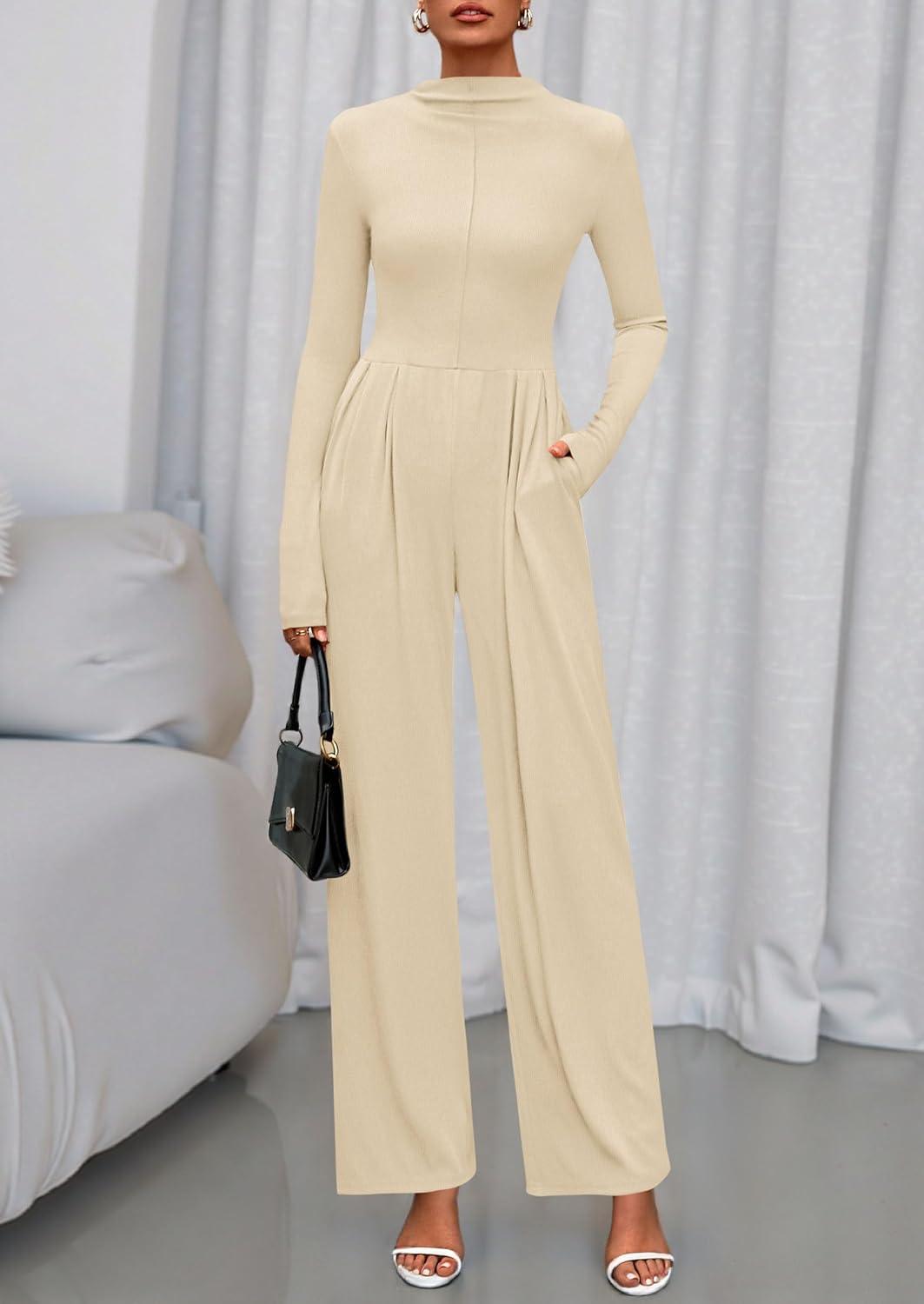 imagePRETTYGARDEN Long Sleeve Jumpsuit for Women 2025 Fall Date Night Rompers Dressy Casual One Piece Mock Neck Jumpsuits PocketsBeige