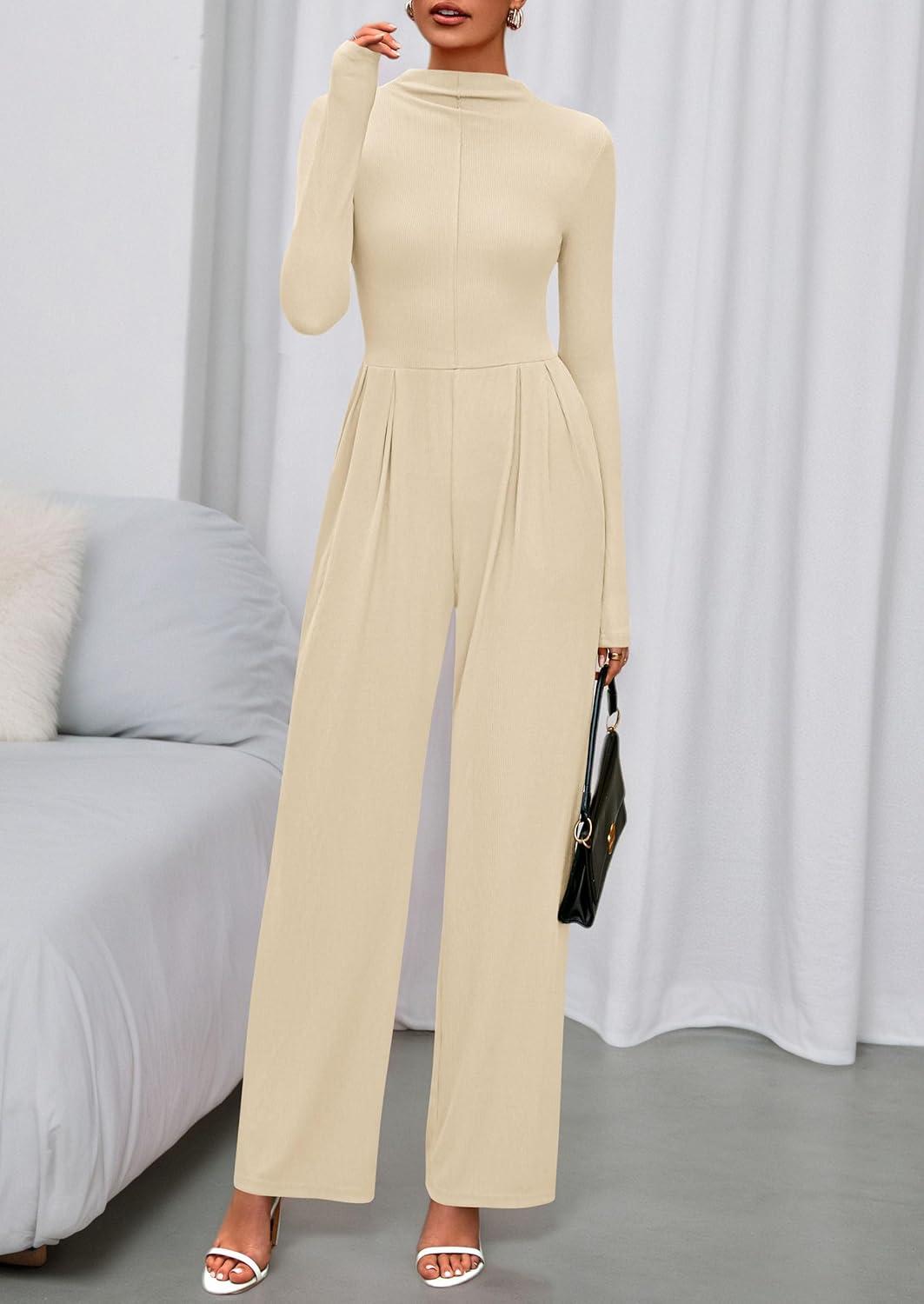 imagePRETTYGARDEN Long Sleeve Jumpsuit for Women 2025 Fall Date Night Rompers Dressy Casual One Piece Mock Neck Jumpsuits PocketsBeige