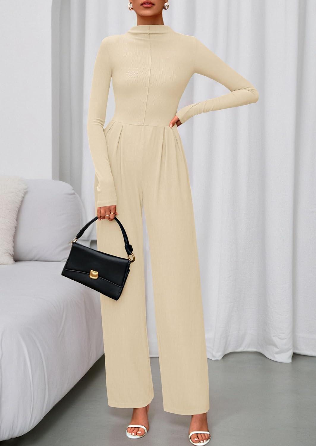 imagePRETTYGARDEN Long Sleeve Jumpsuit for Women 2025 Fall Date Night Rompers Dressy Casual One Piece Mock Neck Jumpsuits PocketsBeige