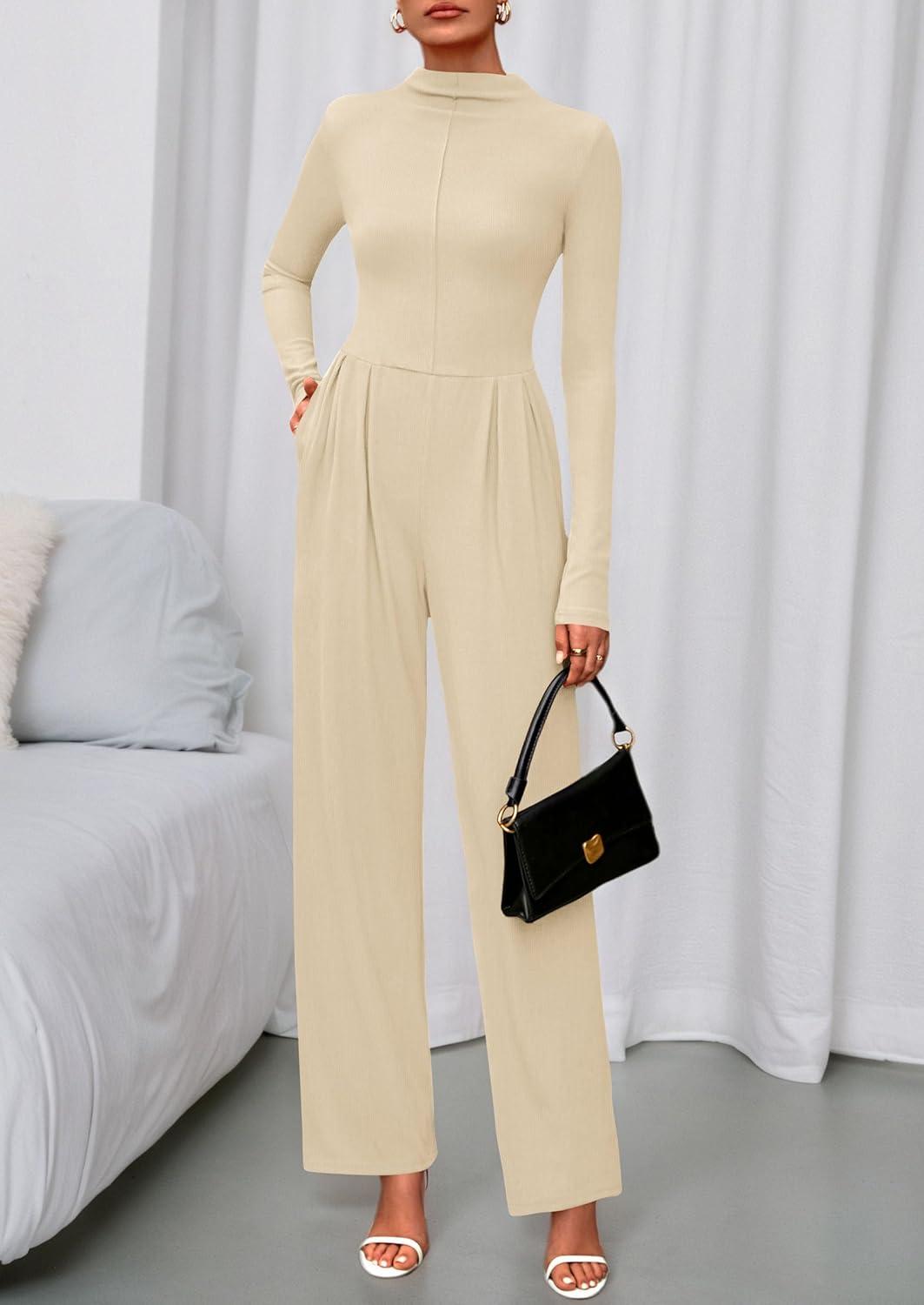 imagePRETTYGARDEN Long Sleeve Jumpsuit for Women 2025 Fall Date Night Rompers Dressy Casual One Piece Mock Neck Jumpsuits PocketsBeige