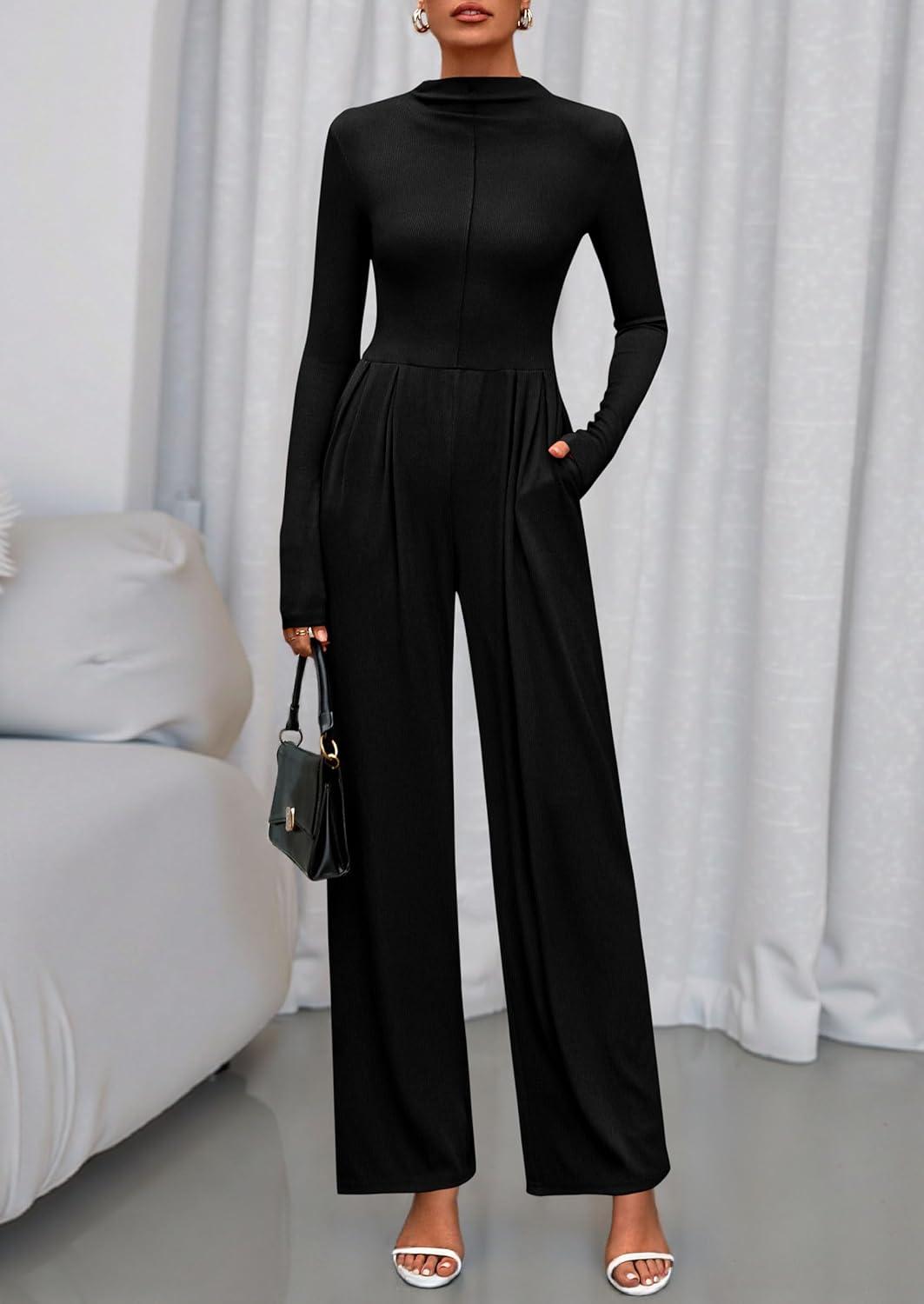 imagePRETTYGARDEN Long Sleeve Jumpsuit for Women 2025 Fall Date Night Rompers Dressy Casual One Piece Mock Neck Jumpsuits PocketsBlack