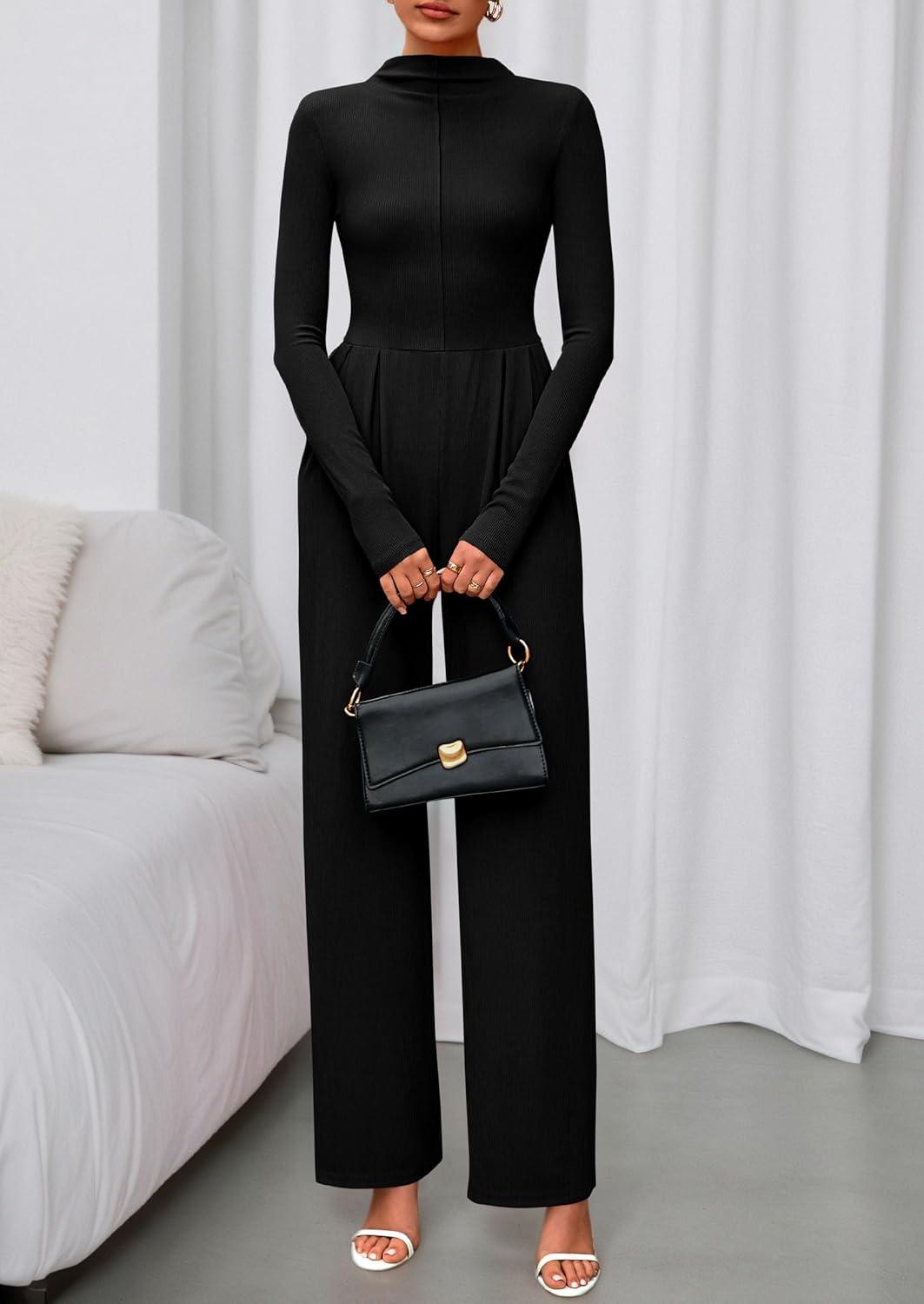 imagePRETTYGARDEN Long Sleeve Jumpsuit for Women 2025 Fall Date Night Rompers Dressy Casual One Piece Mock Neck Jumpsuits PocketsBlack