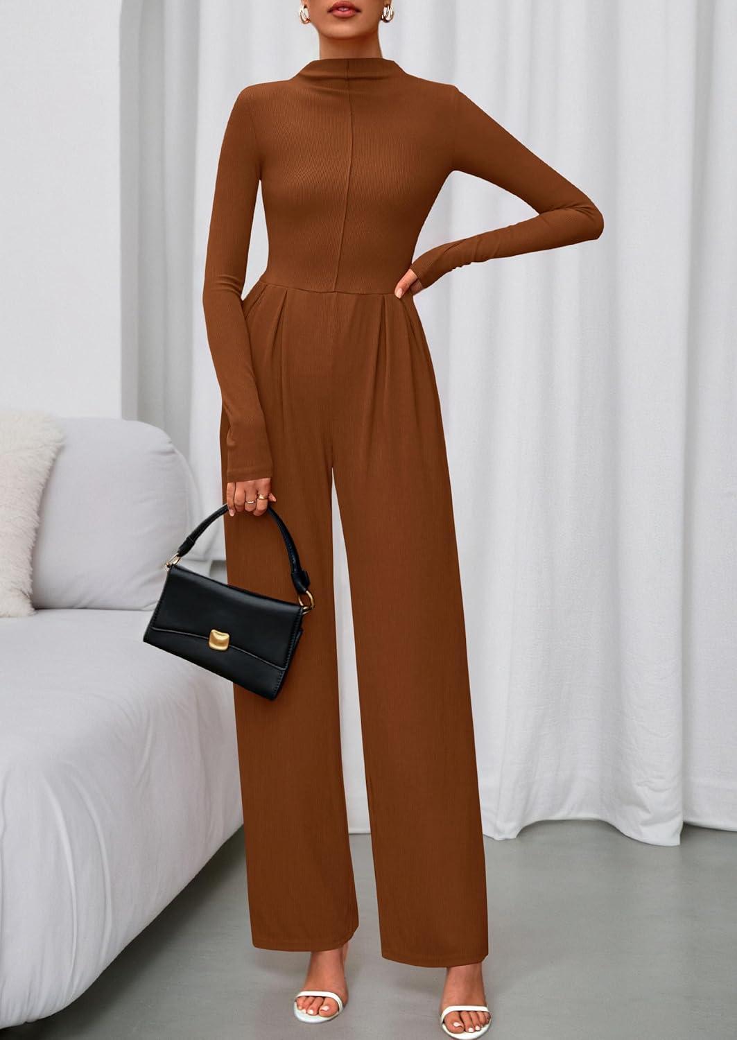 imagePRETTYGARDEN Long Sleeve Jumpsuit for Women 2025 Fall Date Night Rompers Dressy Casual One Piece Mock Neck Jumpsuits PocketsBrown