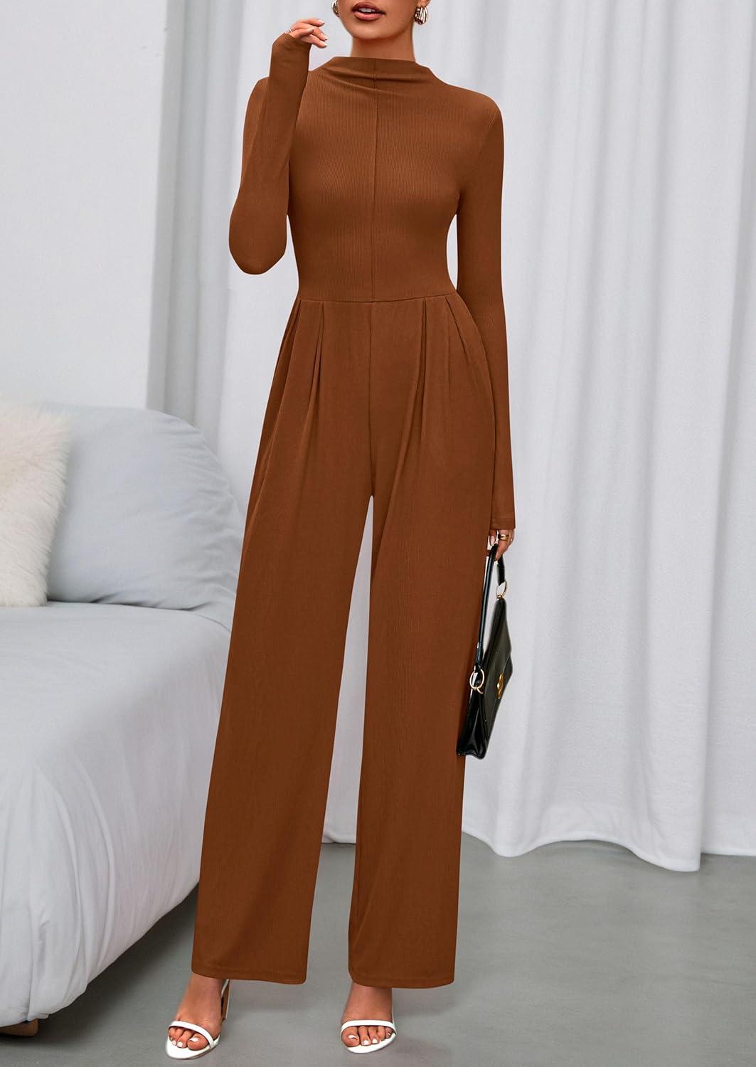 imagePRETTYGARDEN Long Sleeve Jumpsuit for Women 2025 Fall Date Night Rompers Dressy Casual One Piece Mock Neck Jumpsuits PocketsBrown