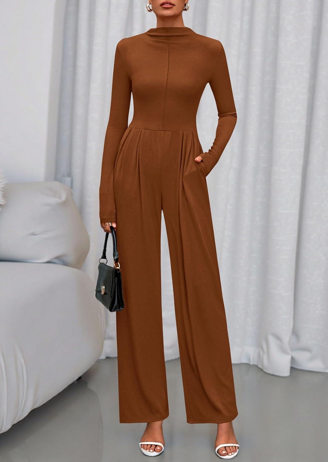 imagePRETTYGARDEN Long Sleeve Jumpsuit for Women 2025 Fall Date Night Rompers Dressy Casual One Piece Mock Neck Jumpsuits PocketsBrown
