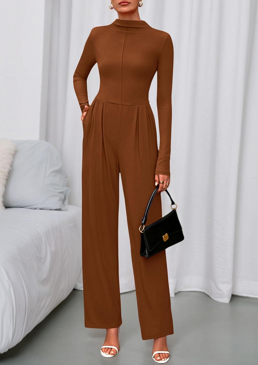 imagePRETTYGARDEN Long Sleeve Jumpsuit for Women 2025 Fall Date Night Rompers Dressy Casual One Piece Mock Neck Jumpsuits PocketsBrown