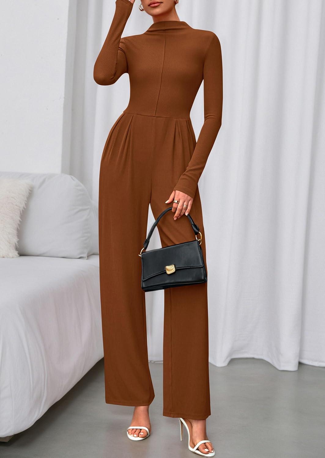 imagePRETTYGARDEN Long Sleeve Jumpsuit for Women 2025 Fall Date Night Rompers Dressy Casual One Piece Mock Neck Jumpsuits PocketsBrown