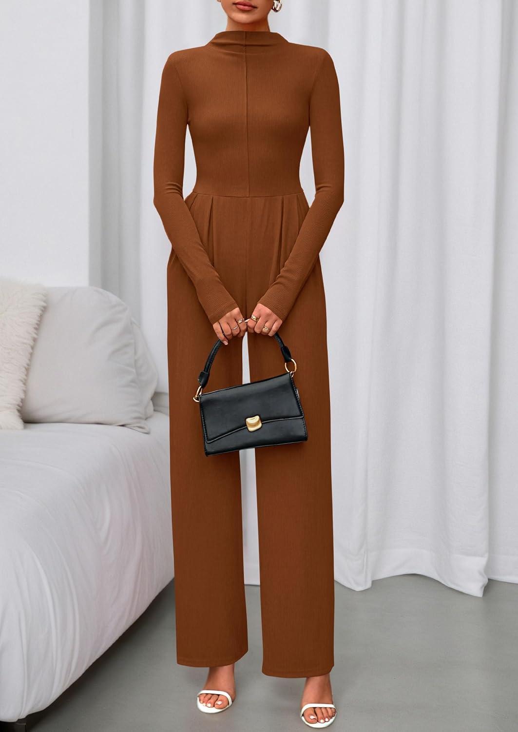 imagePRETTYGARDEN Long Sleeve Jumpsuit for Women 2025 Fall Date Night Rompers Dressy Casual One Piece Mock Neck Jumpsuits PocketsBrown