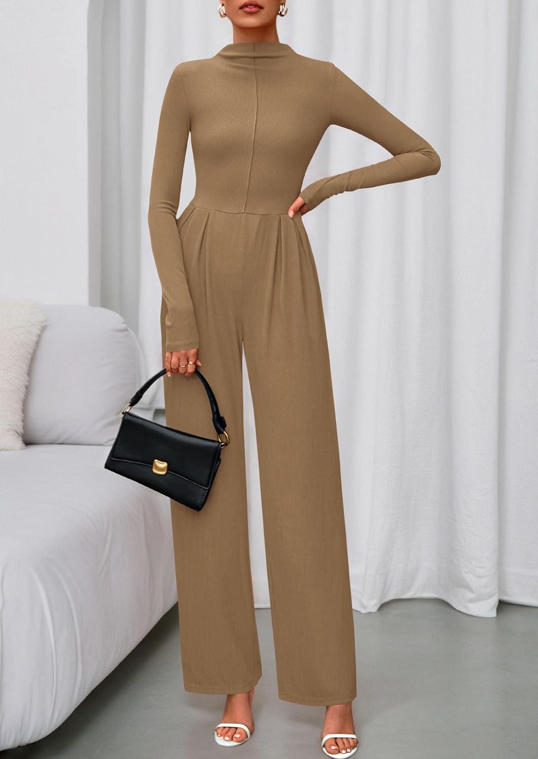 imagePRETTYGARDEN Long Sleeve Jumpsuit for Women 2025 Fall Date Night Rompers Dressy Casual One Piece Mock Neck Jumpsuits PocketsCamel
