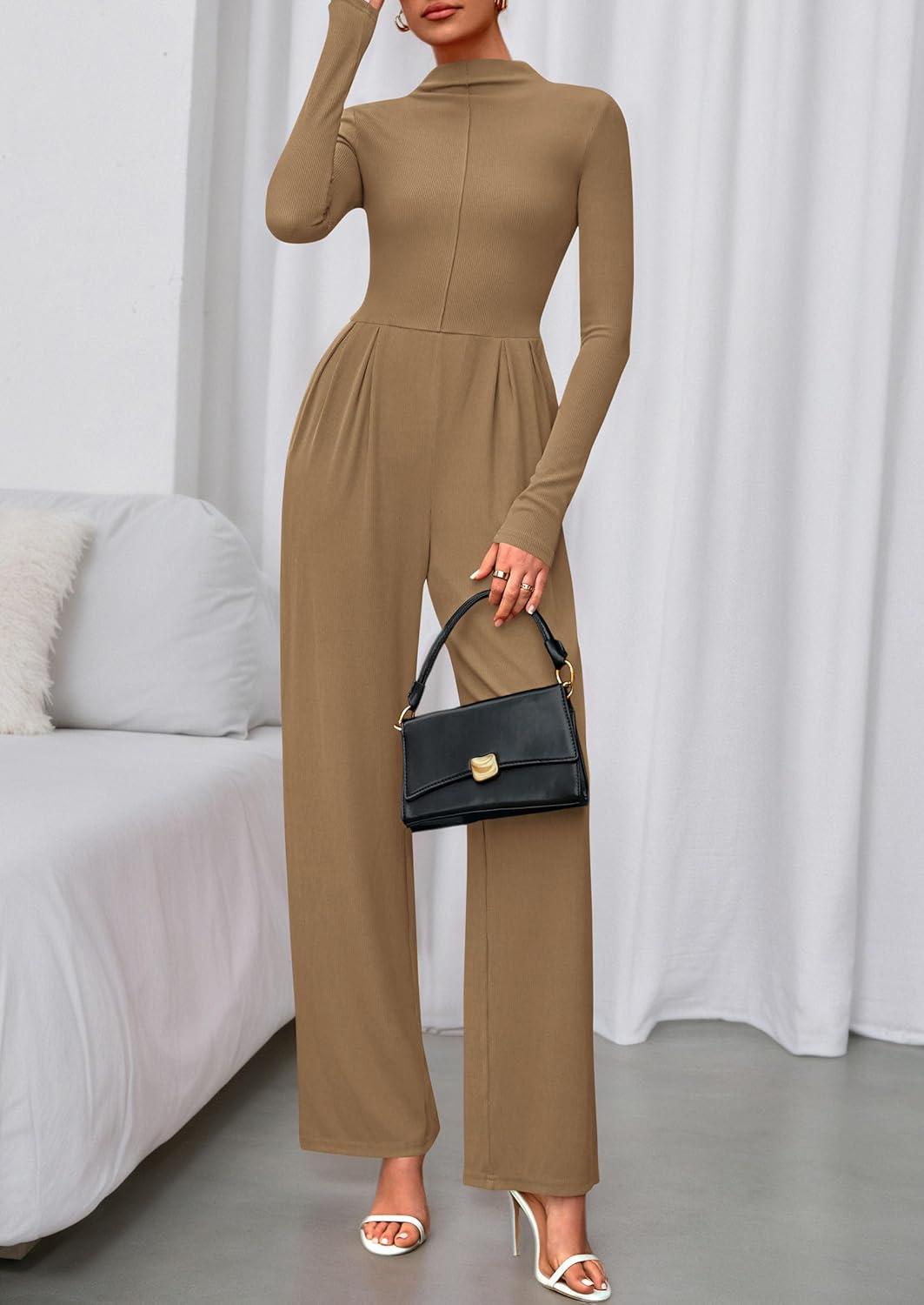 imagePRETTYGARDEN Long Sleeve Jumpsuit for Women 2025 Fall Date Night Rompers Dressy Casual One Piece Mock Neck Jumpsuits PocketsCamel