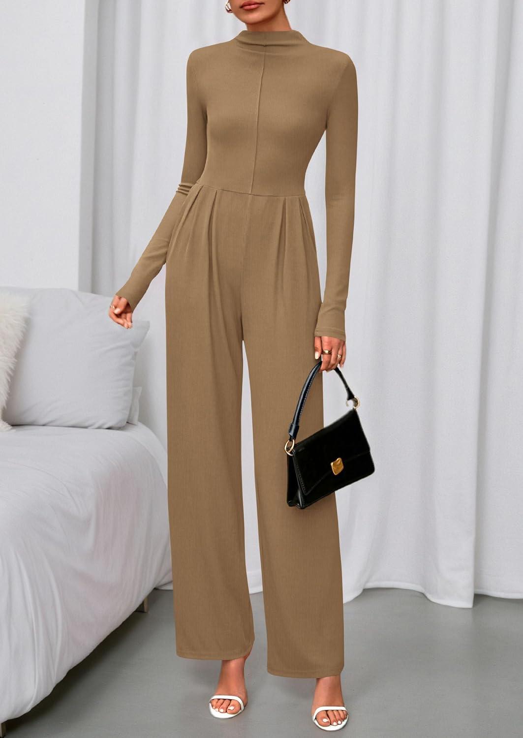 imagePRETTYGARDEN Long Sleeve Jumpsuit for Women 2025 Fall Date Night Rompers Dressy Casual One Piece Mock Neck Jumpsuits PocketsCamel