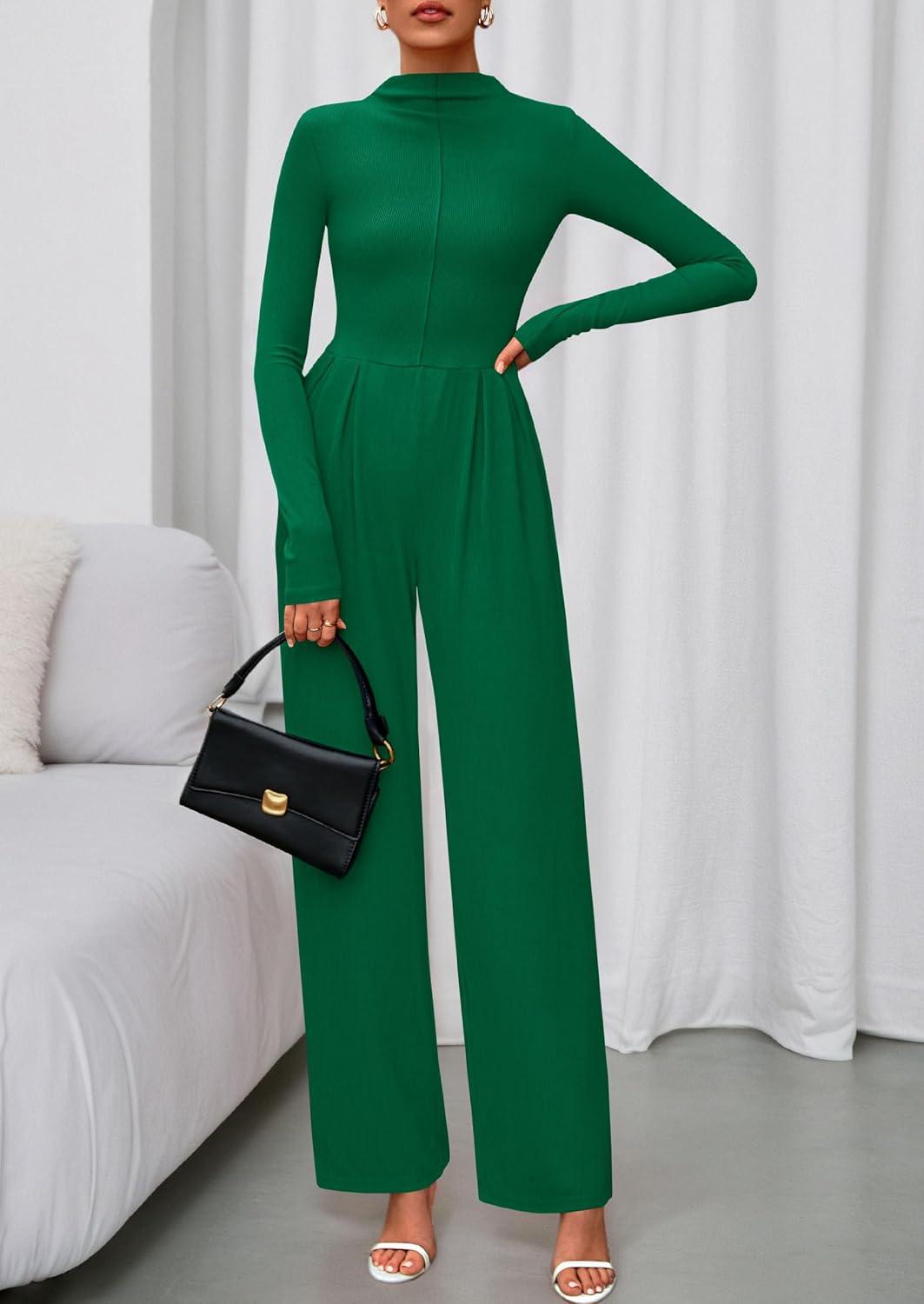 imagePRETTYGARDEN Long Sleeve Jumpsuit for Women 2025 Fall Date Night Rompers Dressy Casual One Piece Mock Neck Jumpsuits PocketsGreen
