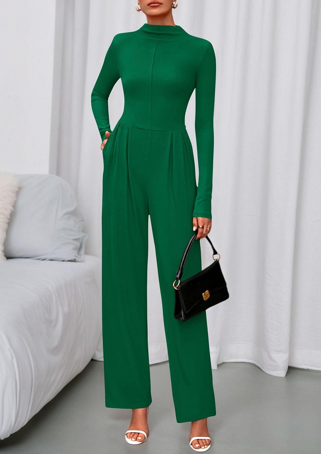 imagePRETTYGARDEN Long Sleeve Jumpsuit for Women 2025 Fall Date Night Rompers Dressy Casual One Piece Mock Neck Jumpsuits PocketsGreen