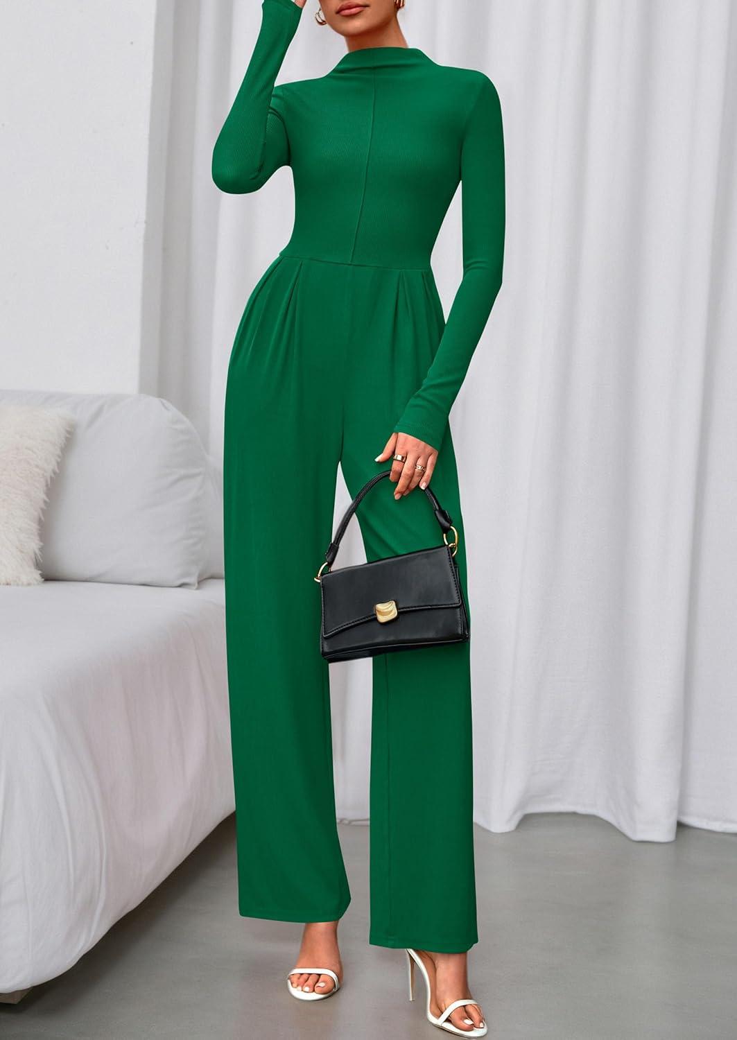 imagePRETTYGARDEN Long Sleeve Jumpsuit for Women 2025 Fall Date Night Rompers Dressy Casual One Piece Mock Neck Jumpsuits PocketsGreen