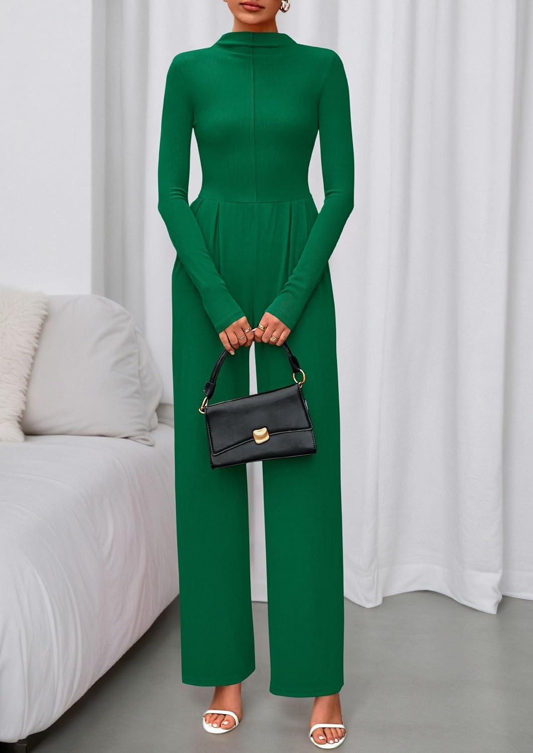 imagePRETTYGARDEN Long Sleeve Jumpsuit for Women 2025 Fall Date Night Rompers Dressy Casual One Piece Mock Neck Jumpsuits PocketsGreen