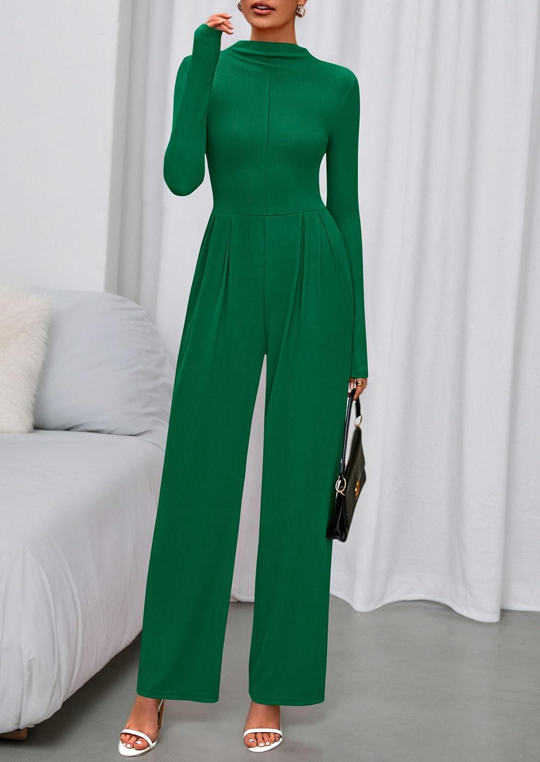 imagePRETTYGARDEN Long Sleeve Jumpsuit for Women 2025 Fall Date Night Rompers Dressy Casual One Piece Mock Neck Jumpsuits PocketsGreen