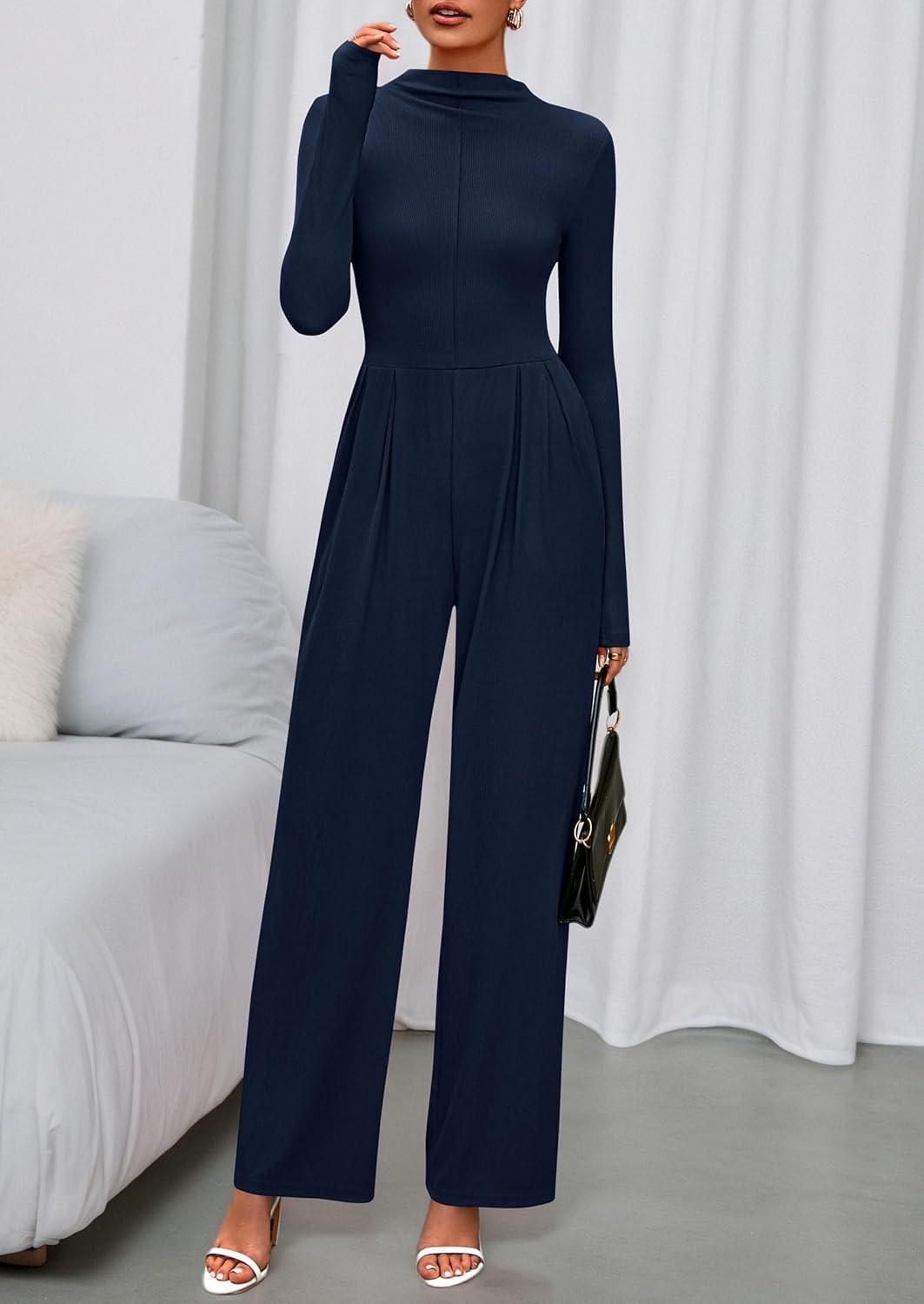imagePRETTYGARDEN Long Sleeve Jumpsuit for Women 2025 Fall Date Night Rompers Dressy Casual One Piece Mock Neck Jumpsuits PocketsNavy Blue