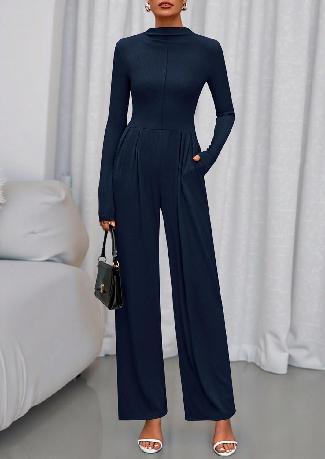 imagePRETTYGARDEN Long Sleeve Jumpsuit for Women 2025 Fall Date Night Rompers Dressy Casual One Piece Mock Neck Jumpsuits PocketsNavy Blue