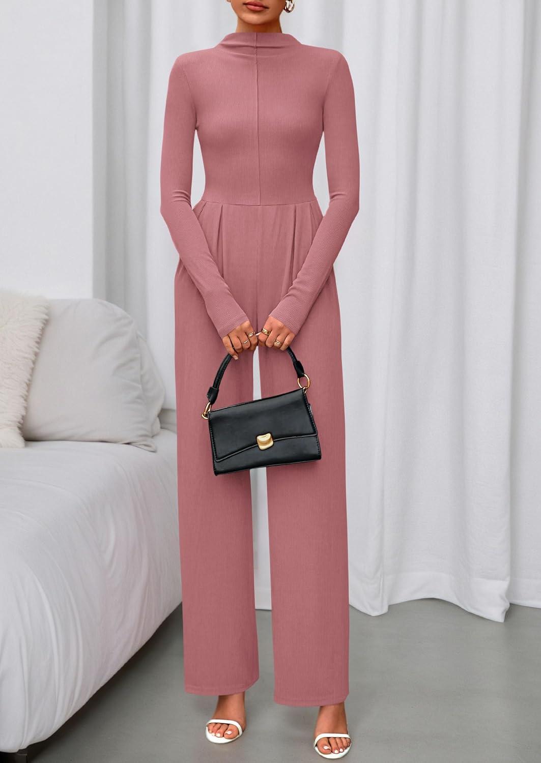 imagePRETTYGARDEN Long Sleeve Jumpsuit for Women 2025 Fall Date Night Rompers Dressy Casual One Piece Mock Neck Jumpsuits PocketsPink