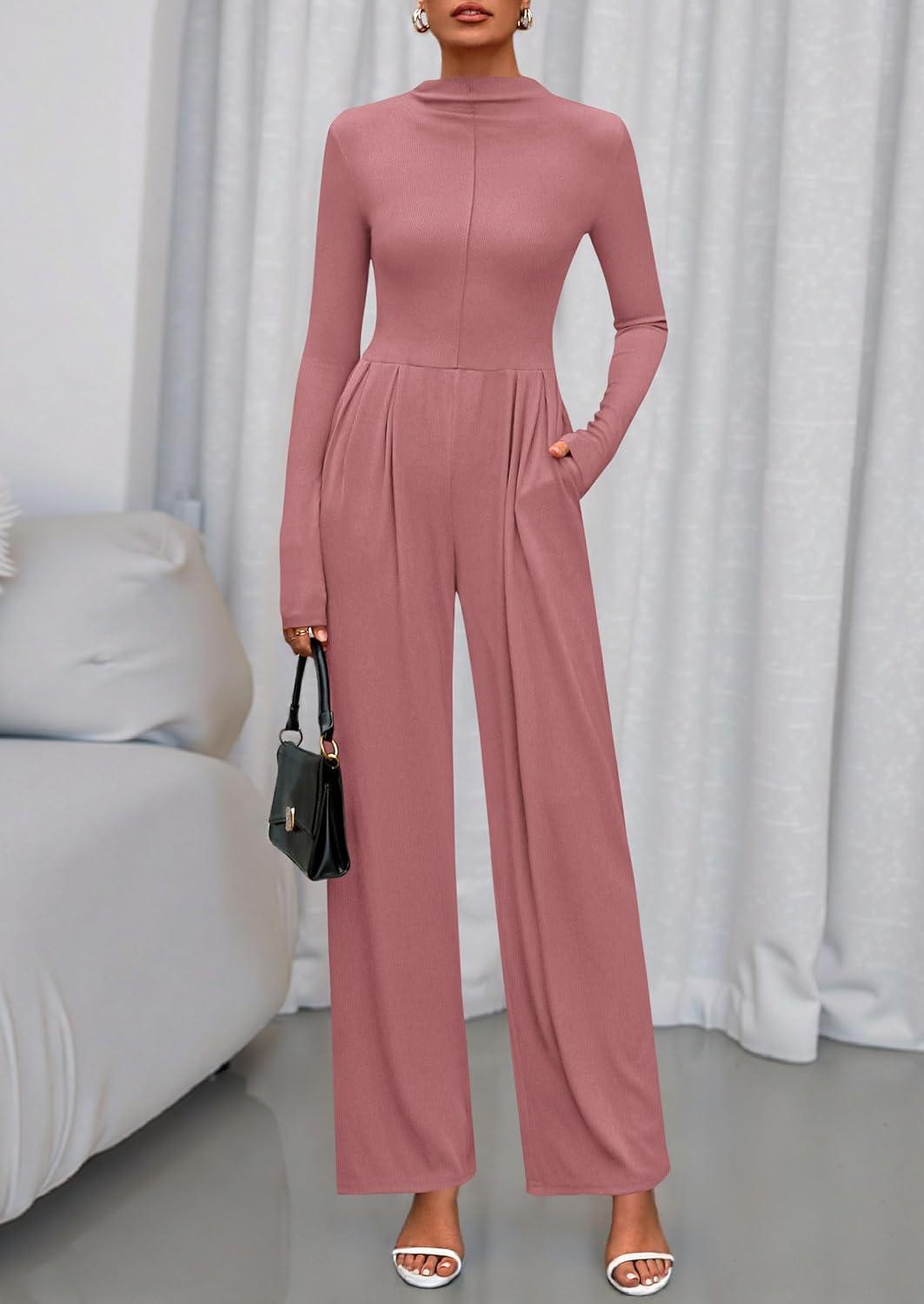 imagePRETTYGARDEN Long Sleeve Jumpsuit for Women 2025 Fall Date Night Rompers Dressy Casual One Piece Mock Neck Jumpsuits PocketsPink