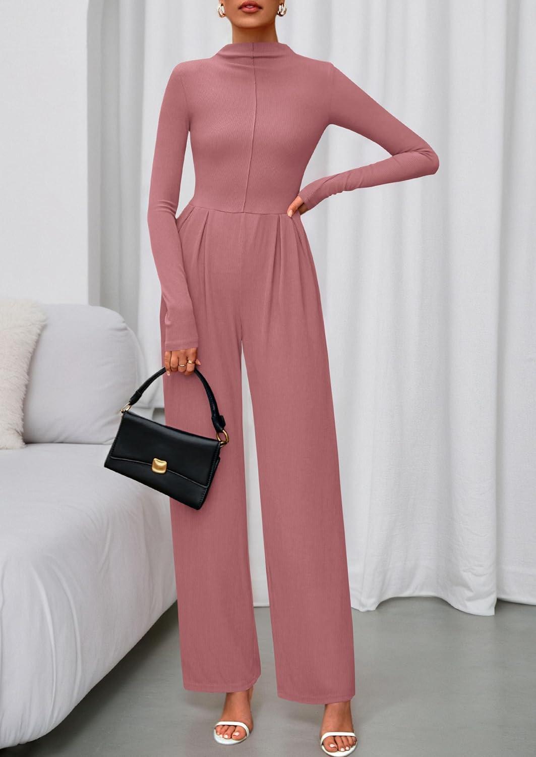imagePRETTYGARDEN Long Sleeve Jumpsuit for Women 2025 Fall Date Night Rompers Dressy Casual One Piece Mock Neck Jumpsuits PocketsPink