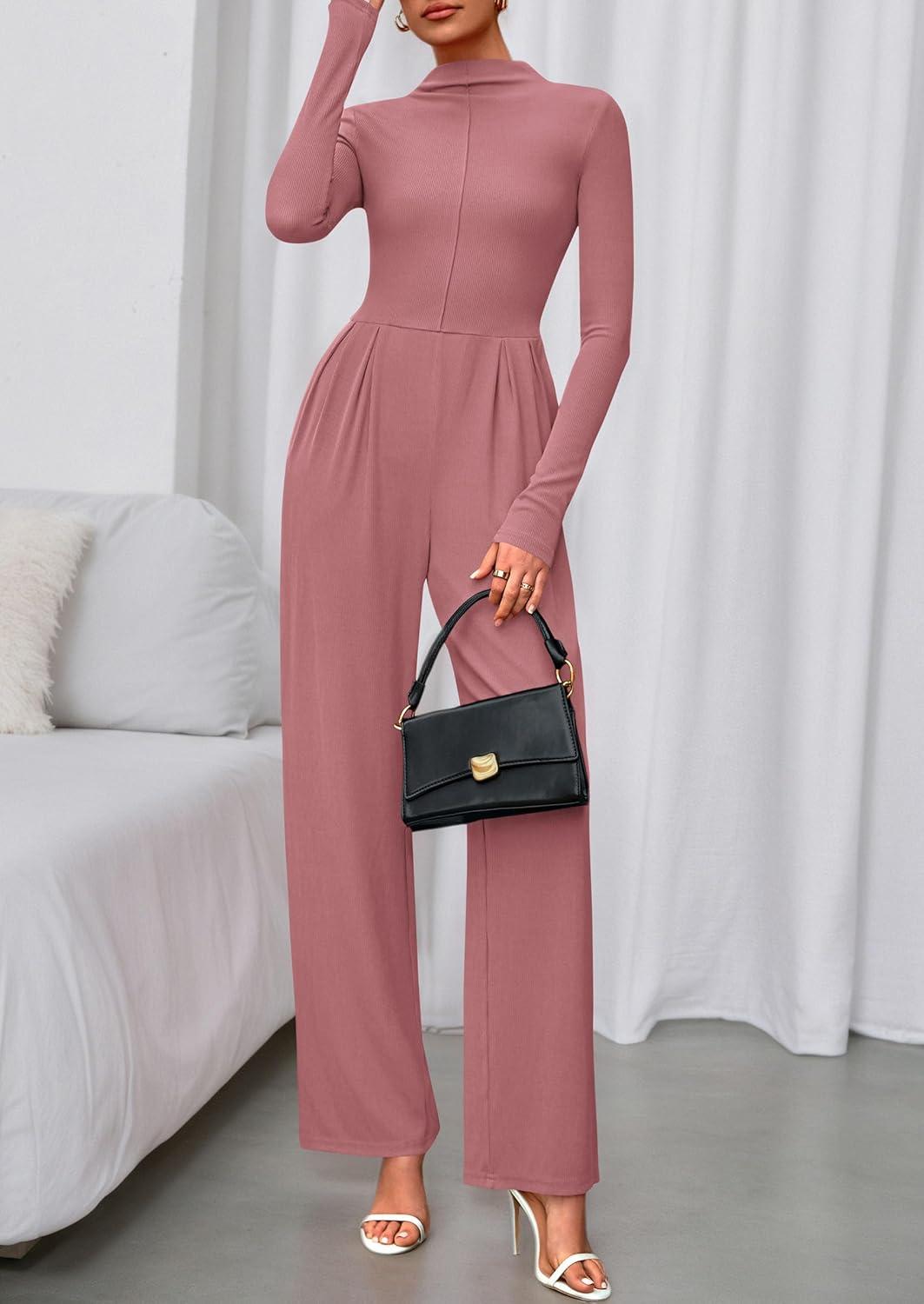 imagePRETTYGARDEN Long Sleeve Jumpsuit for Women 2025 Fall Date Night Rompers Dressy Casual One Piece Mock Neck Jumpsuits PocketsPink