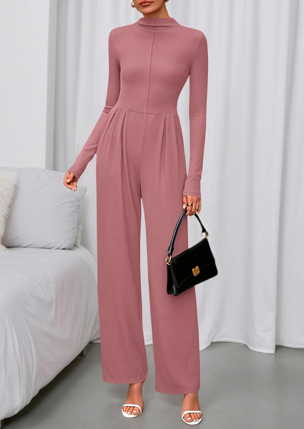 imagePRETTYGARDEN Long Sleeve Jumpsuit for Women 2025 Fall Date Night Rompers Dressy Casual One Piece Mock Neck Jumpsuits PocketsPink
