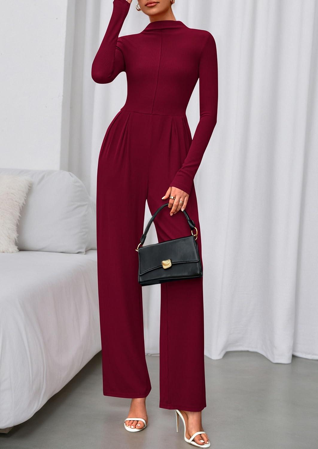 imagePRETTYGARDEN Long Sleeve Jumpsuit for Women 2025 Fall Date Night Rompers Dressy Casual One Piece Mock Neck Jumpsuits PocketsWine Red