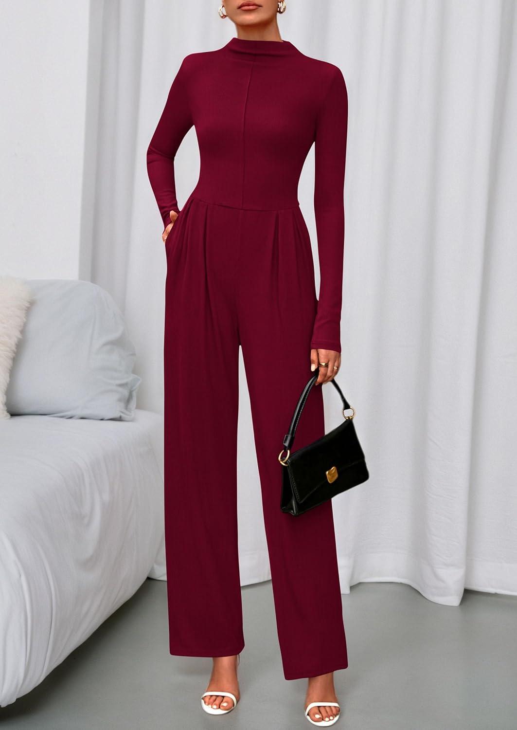 imagePRETTYGARDEN Long Sleeve Jumpsuit for Women 2025 Fall Date Night Rompers Dressy Casual One Piece Mock Neck Jumpsuits PocketsWine Red