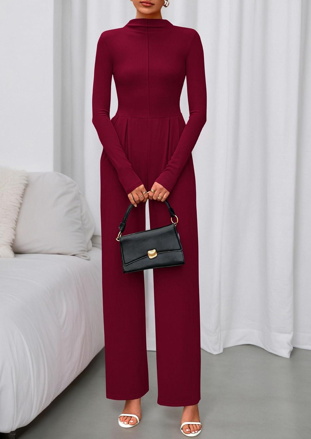imagePRETTYGARDEN Long Sleeve Jumpsuit for Women 2025 Fall Date Night Rompers Dressy Casual One Piece Mock Neck Jumpsuits PocketsWine Red