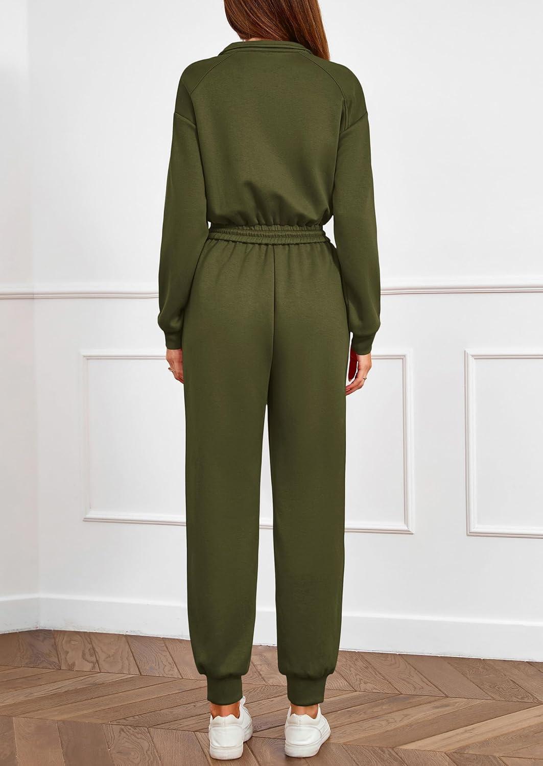 imagePRETTYGARDEN Long Sleeve Jumpsuits for Women Casual 2025 Fall Fashion Zip Up Pant Rompers One Piece Sweatsuits Travel OutfitsArmy Green