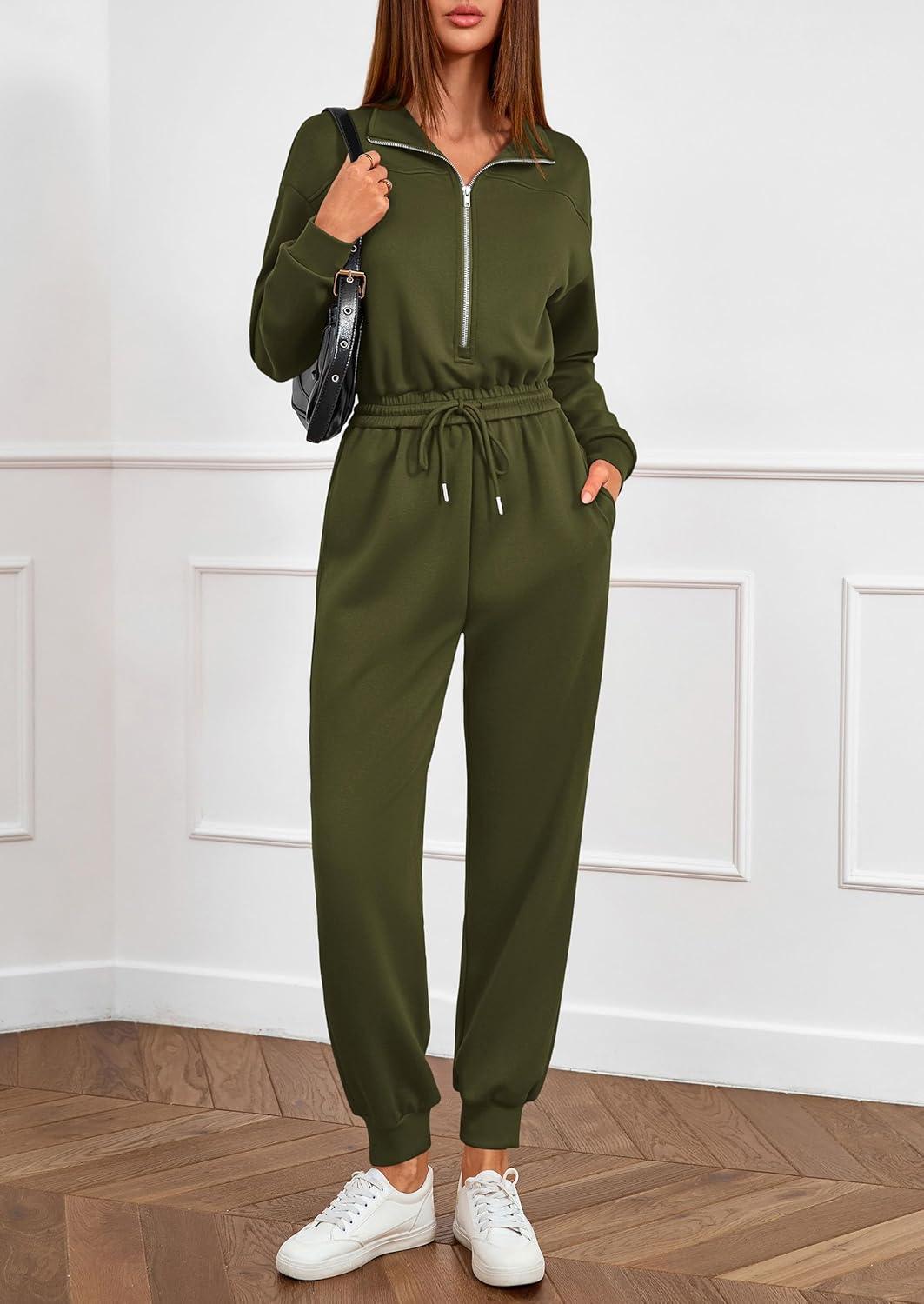 imagePRETTYGARDEN Long Sleeve Jumpsuits for Women Casual 2025 Fall Fashion Zip Up Pant Rompers One Piece Sweatsuits Travel OutfitsArmy Green