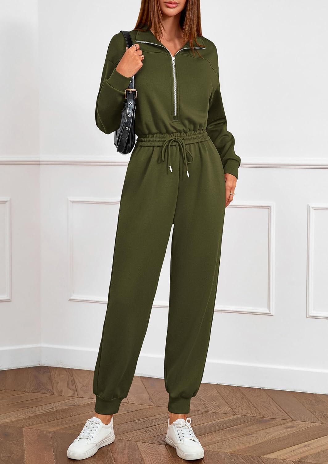 imagePRETTYGARDEN Long Sleeve Jumpsuits for Women Casual 2025 Fall Fashion Zip Up Pant Rompers One Piece Sweatsuits Travel OutfitsArmy Green
