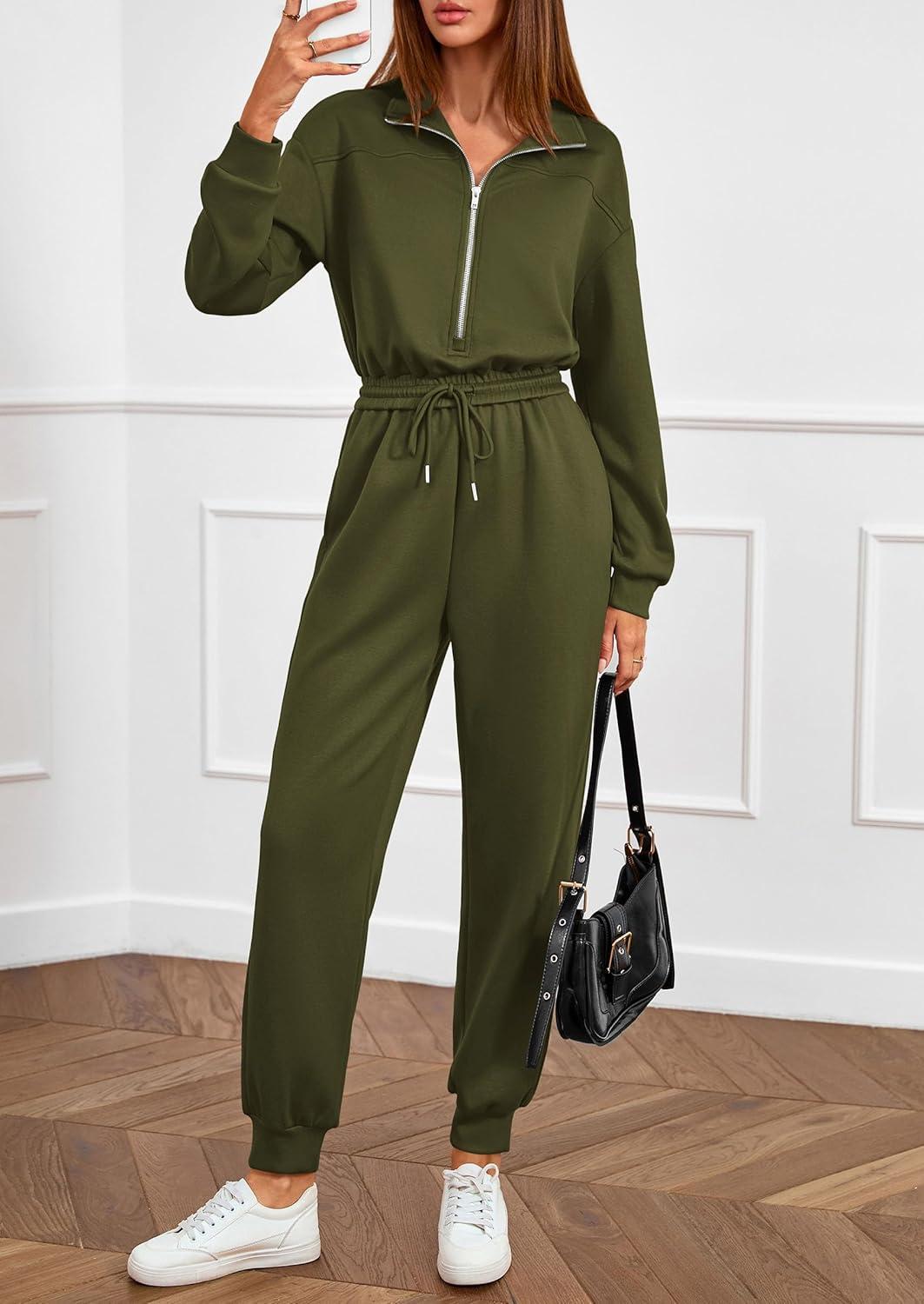 imagePRETTYGARDEN Long Sleeve Jumpsuits for Women Casual 2025 Fall Fashion Zip Up Pant Rompers One Piece Sweatsuits Travel OutfitsArmy Green