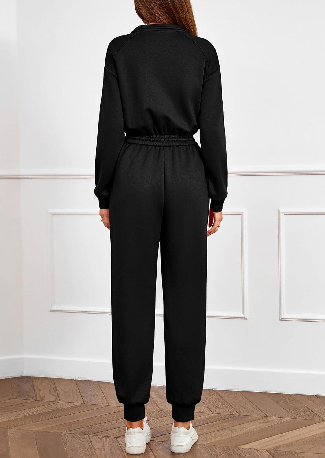 imagePRETTYGARDEN Long Sleeve Jumpsuits for Women Casual 2025 Fall Fashion Zip Up Pant Rompers One Piece Sweatsuits Travel OutfitsBlack