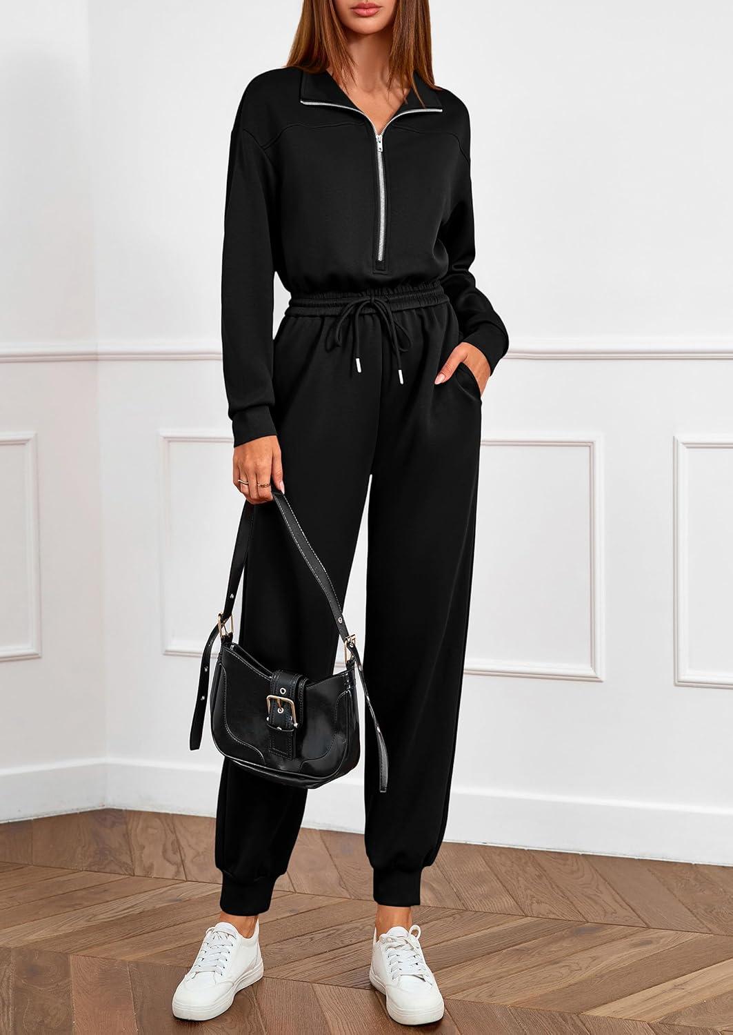imagePRETTYGARDEN Long Sleeve Jumpsuits for Women Casual 2025 Fall Fashion Zip Up Pant Rompers One Piece Sweatsuits Travel OutfitsBlack