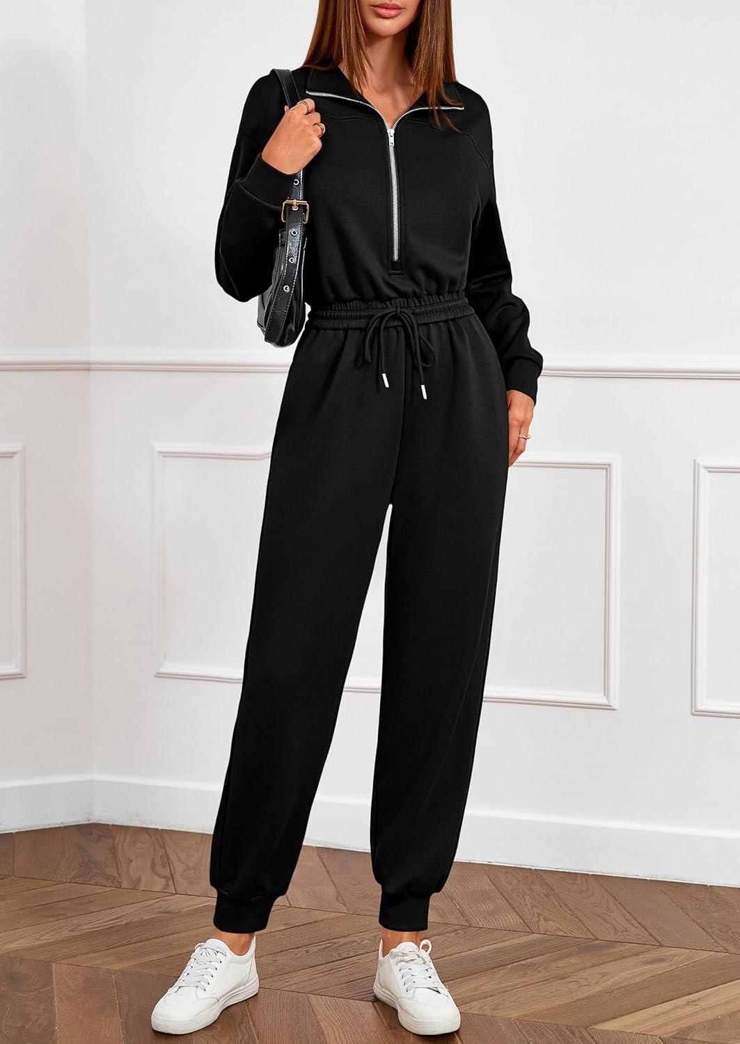 imagePRETTYGARDEN Long Sleeve Jumpsuits for Women Casual 2025 Fall Fashion Zip Up Pant Rompers One Piece Sweatsuits Travel OutfitsBlack