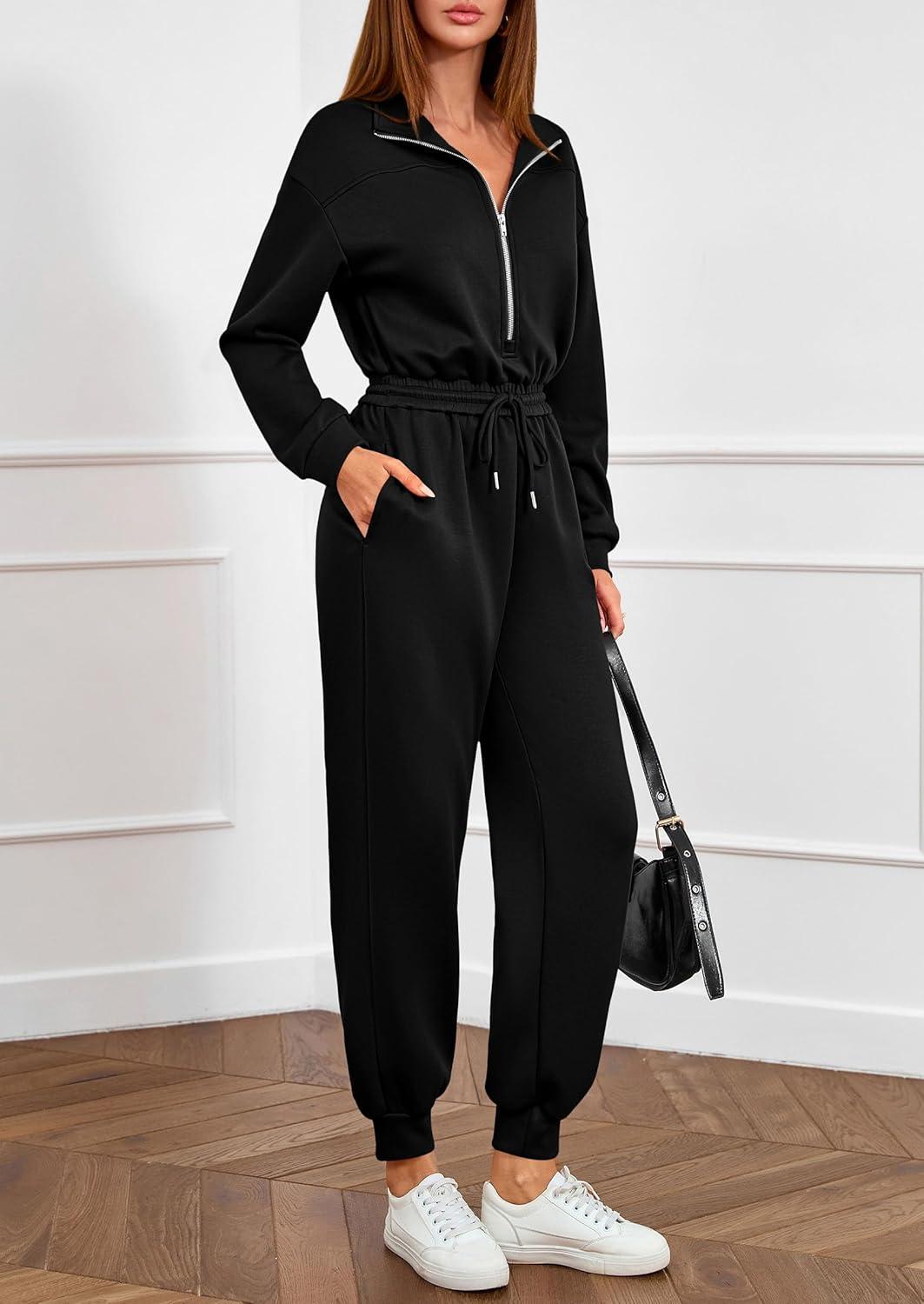 imagePRETTYGARDEN Long Sleeve Jumpsuits for Women Casual 2025 Fall Fashion Zip Up Pant Rompers One Piece Sweatsuits Travel OutfitsBlack