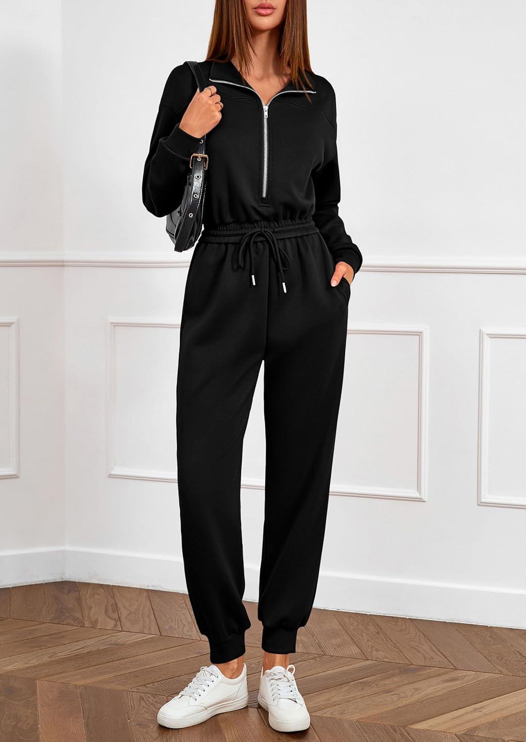 imagePRETTYGARDEN Long Sleeve Jumpsuits for Women Casual 2025 Fall Fashion Zip Up Pant Rompers One Piece Sweatsuits Travel OutfitsBlack