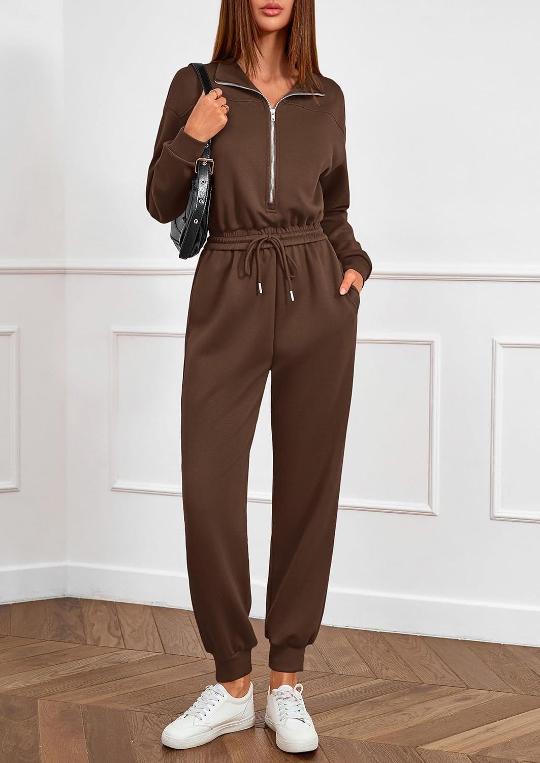 imagePRETTYGARDEN Long Sleeve Jumpsuits for Women Casual 2025 Fall Fashion Zip Up Pant Rompers One Piece Sweatsuits Travel OutfitsBrown