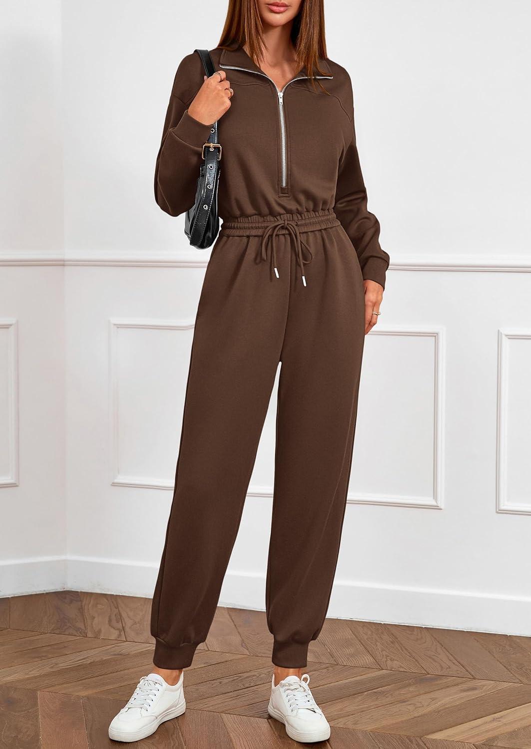 imagePRETTYGARDEN Long Sleeve Jumpsuits for Women Casual 2025 Fall Fashion Zip Up Pant Rompers One Piece Sweatsuits Travel OutfitsBrown