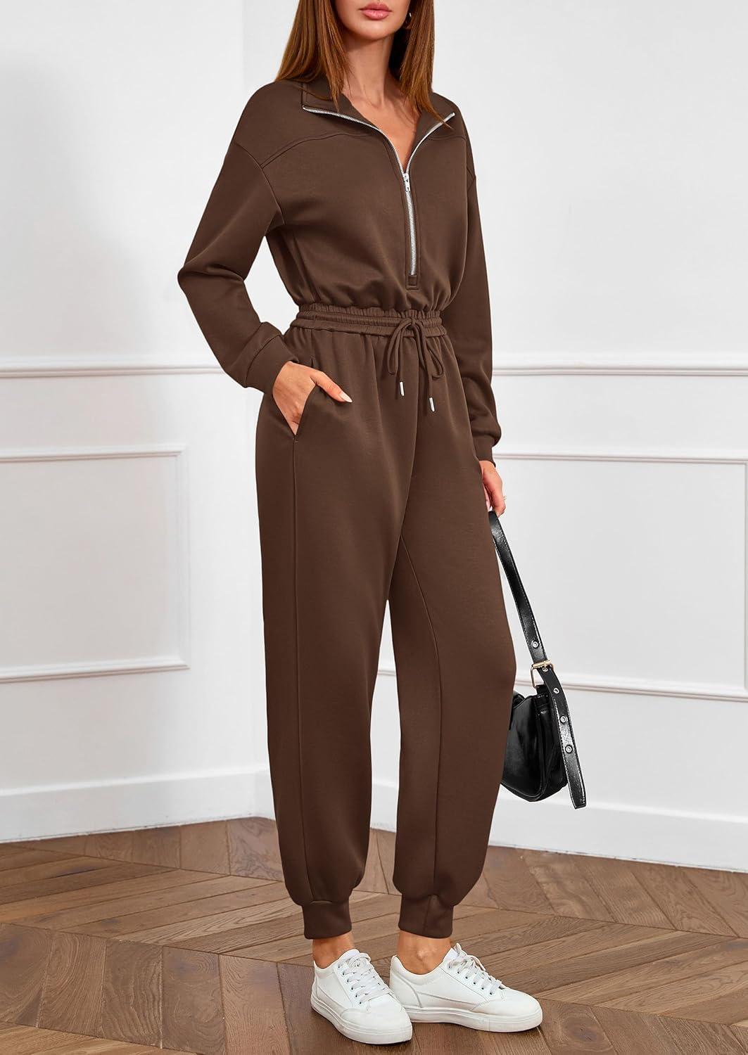 imagePRETTYGARDEN Long Sleeve Jumpsuits for Women Casual 2025 Fall Fashion Zip Up Pant Rompers One Piece Sweatsuits Travel OutfitsBrown