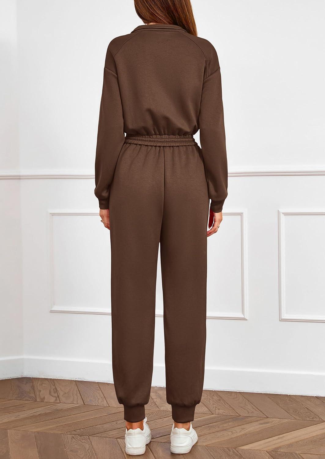 imagePRETTYGARDEN Long Sleeve Jumpsuits for Women Casual 2025 Fall Fashion Zip Up Pant Rompers One Piece Sweatsuits Travel OutfitsBrown