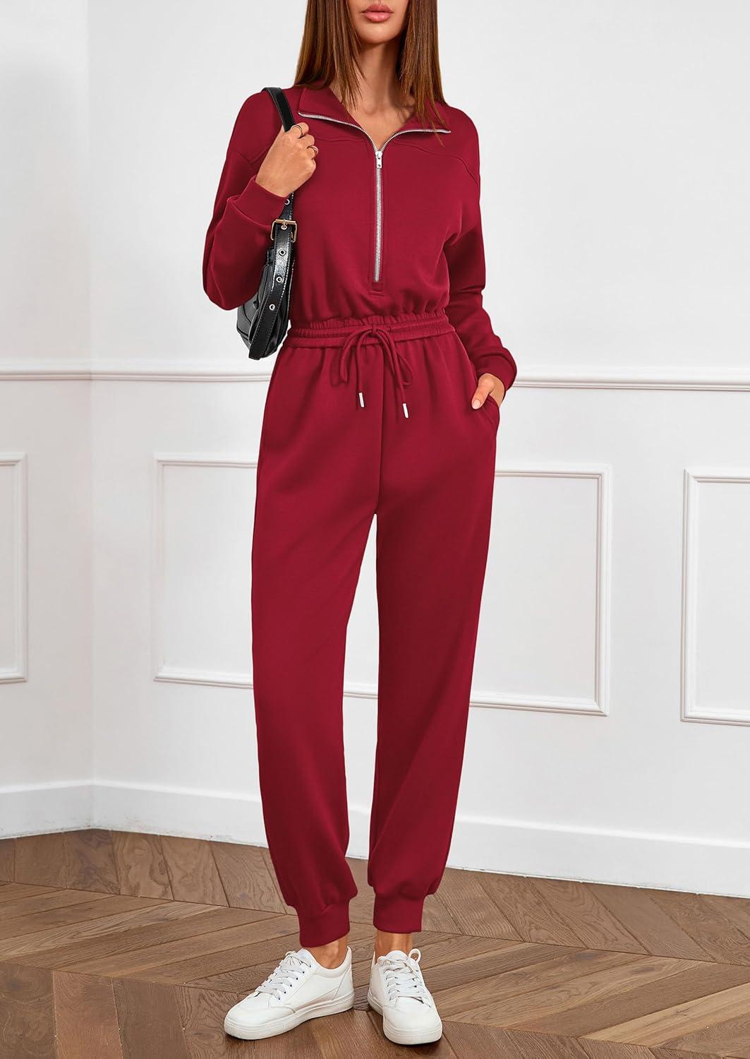imagePRETTYGARDEN Long Sleeve Jumpsuits for Women Casual 2025 Fall Fashion Zip Up Pant Rompers One Piece Sweatsuits Travel OutfitsBurgundy