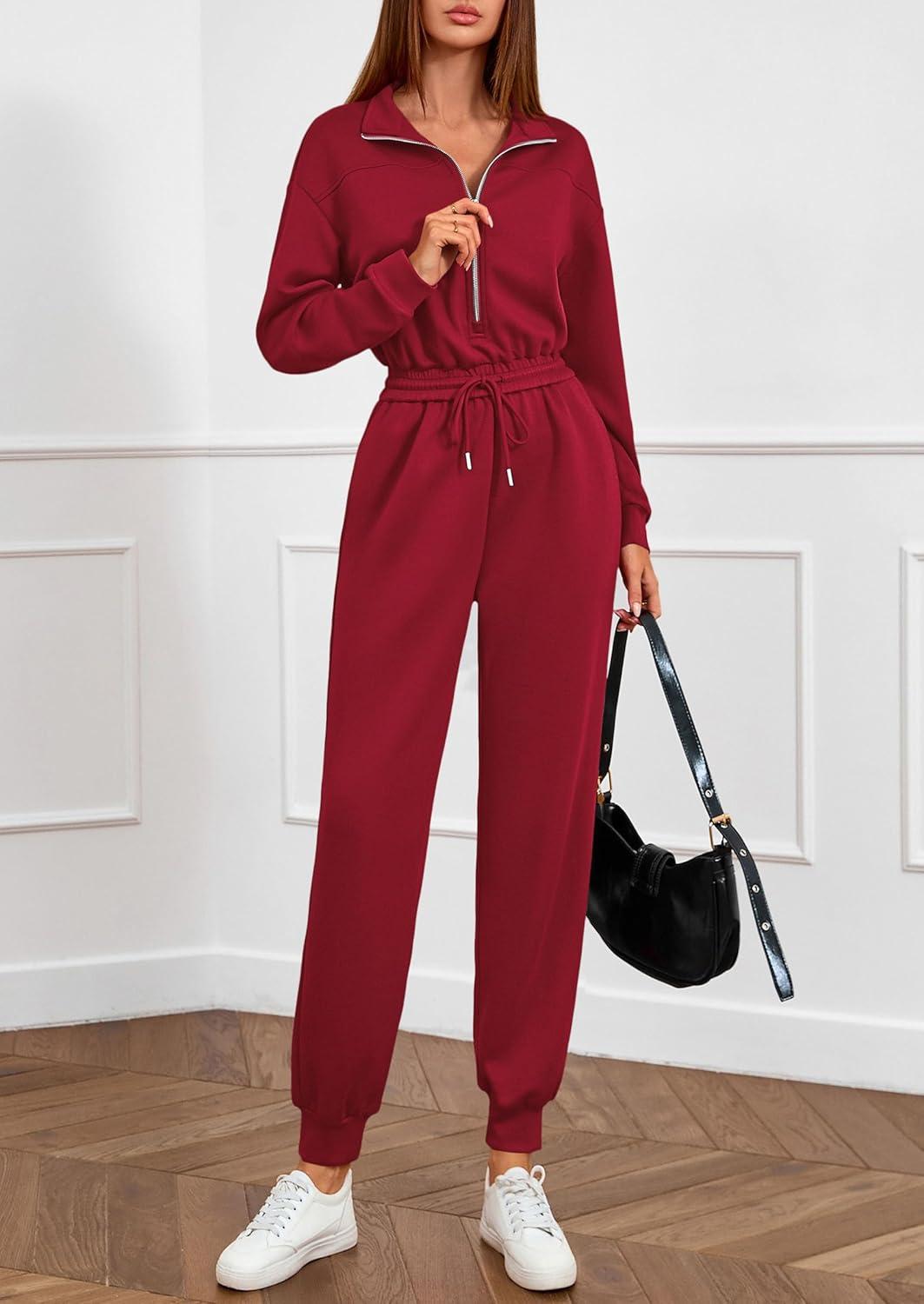 imagePRETTYGARDEN Long Sleeve Jumpsuits for Women Casual 2025 Fall Fashion Zip Up Pant Rompers One Piece Sweatsuits Travel OutfitsBurgundy