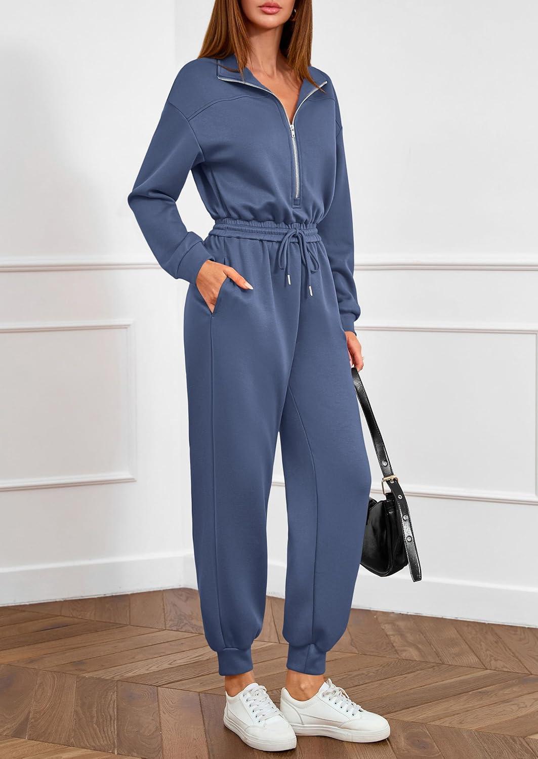imagePRETTYGARDEN Long Sleeve Jumpsuits for Women Casual 2025 Fall Fashion Zip Up Pant Rompers One Piece Sweatsuits Travel OutfitsDusty Blue