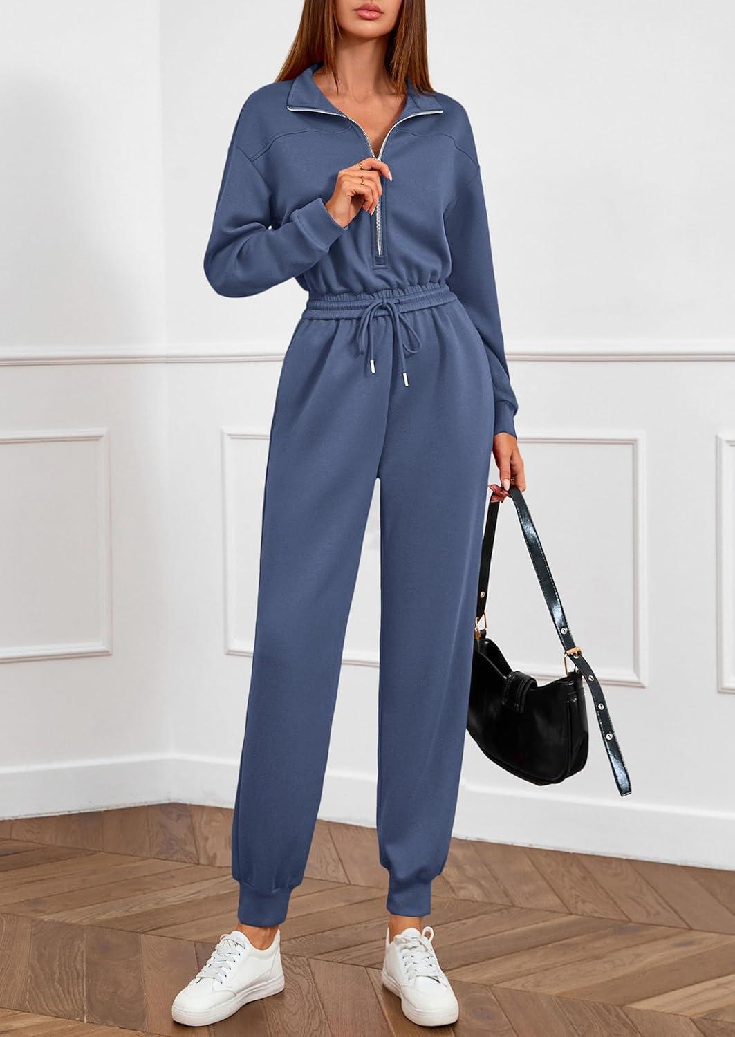 imagePRETTYGARDEN Long Sleeve Jumpsuits for Women Casual 2025 Fall Fashion Zip Up Pant Rompers One Piece Sweatsuits Travel OutfitsDusty Blue